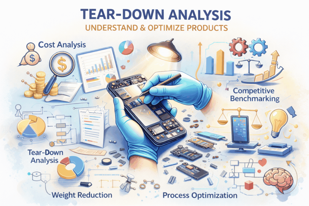 Illustration of tear-down analysis showing a smartphone being disassembled with components and engineering analysis icons
