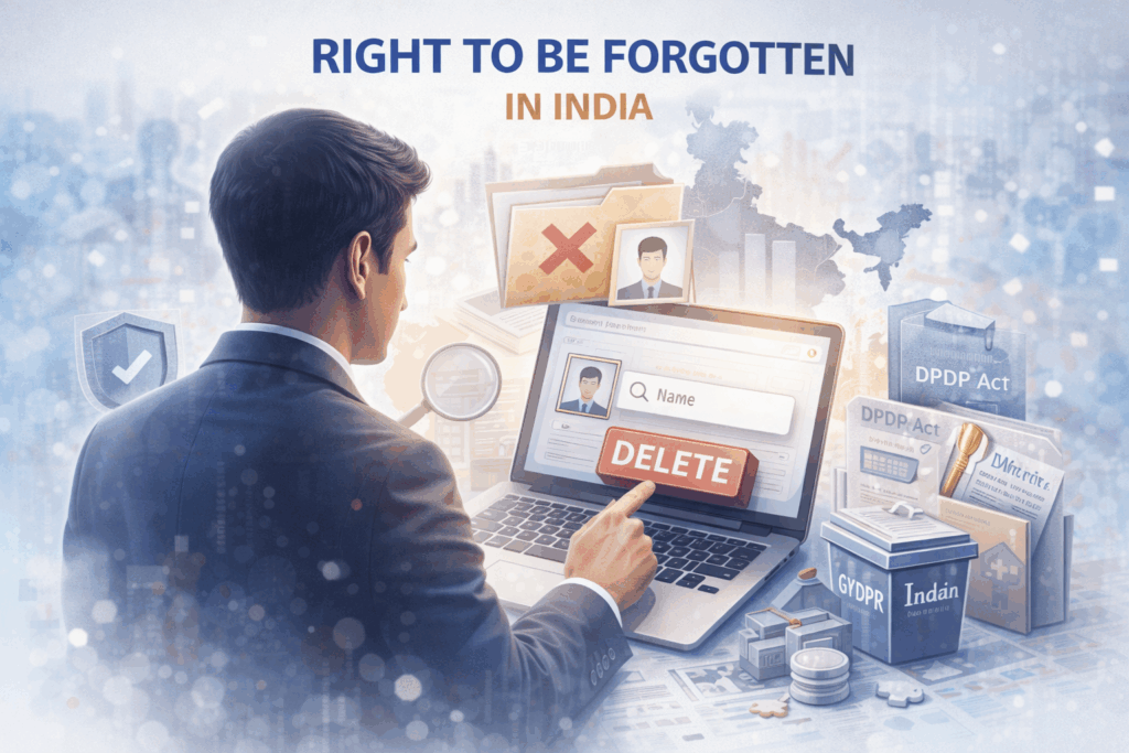 Illustration showing a person deleting personal data from search results representing the Right to be Forgotten under India’s DPDP Act