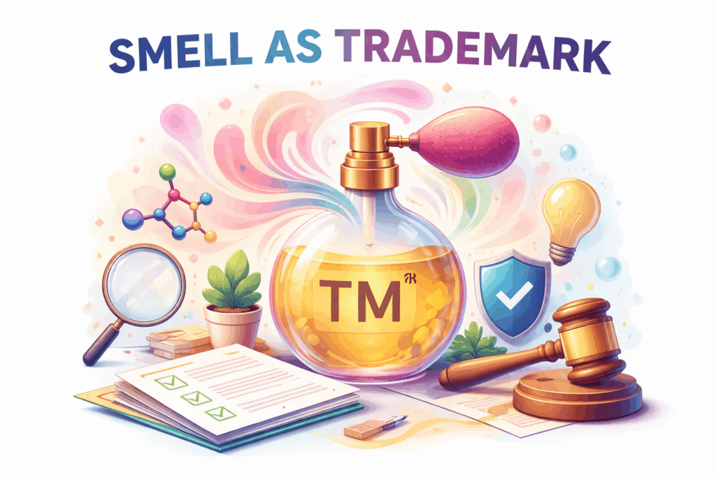 Illustration of smell as a trademark concept showing a perfume bottle emitting fragrance with legal and trademark symbols