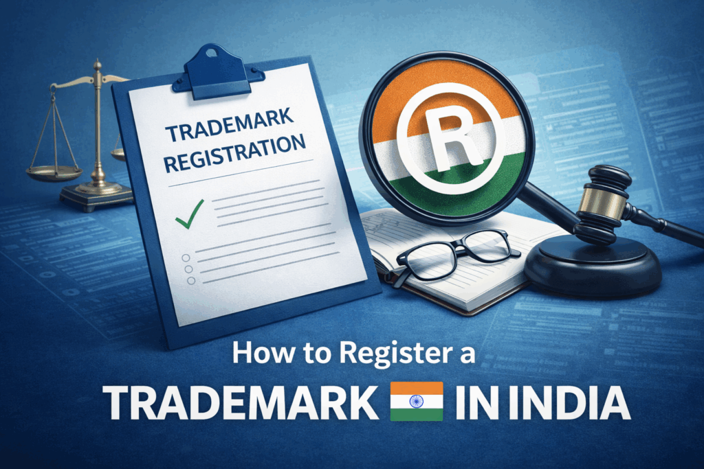 Trademark registration process in India with documents and legal symbols
